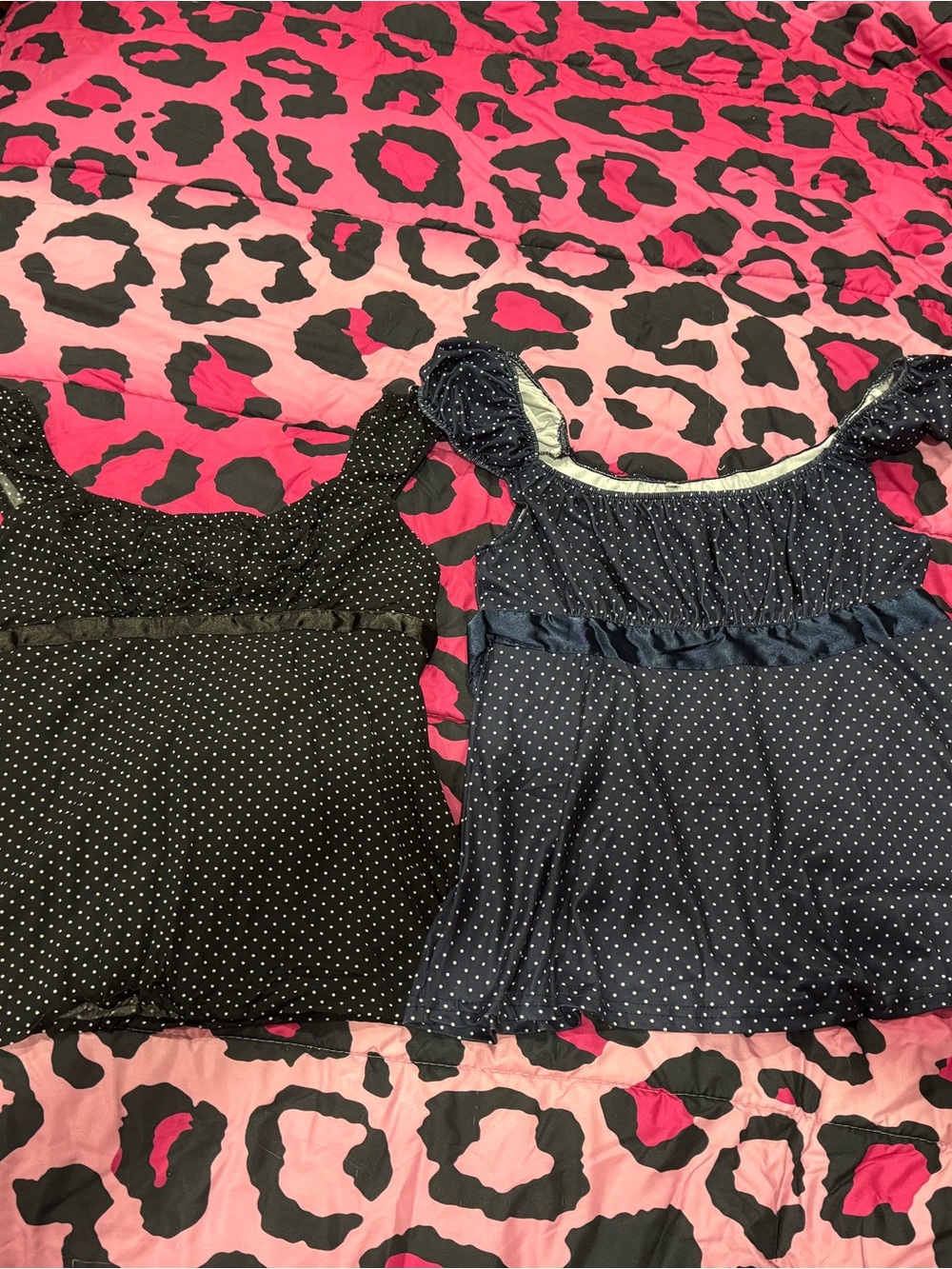 Polka Dot Ruffle Tank Tops - Black and Navy (Pair)
